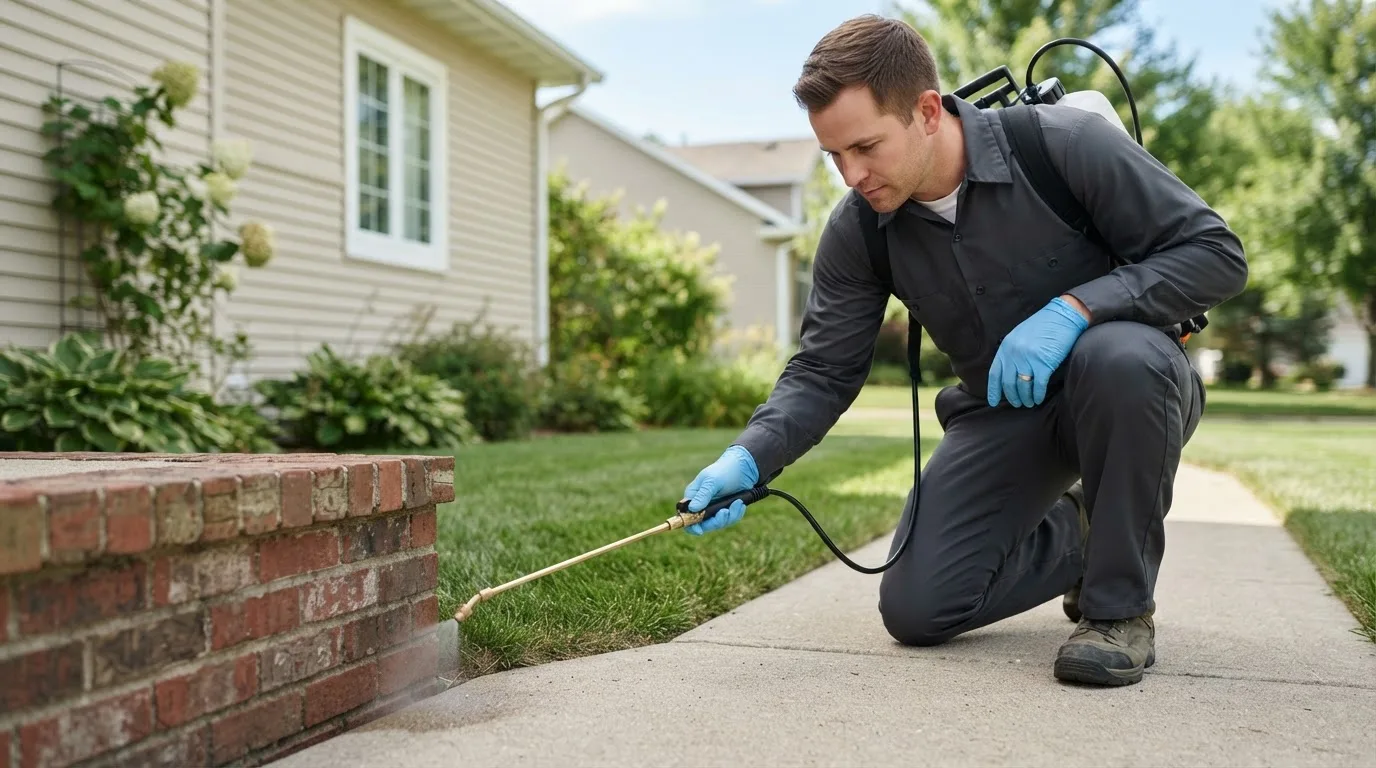 Pest control technician treating a home near Pike, NH