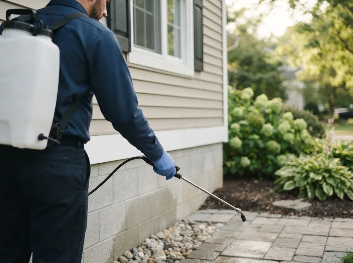 Pest control technician inspecting a home in Pike, NH